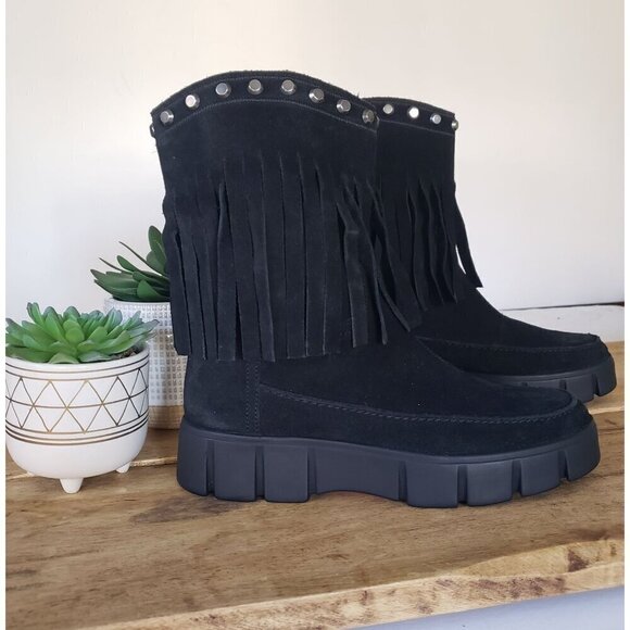 NWT Geox Ghoula Suede Fringe Studded Mid-Calf Chunky Lug Sole Winter Boots 38 - Picture 5 of 13